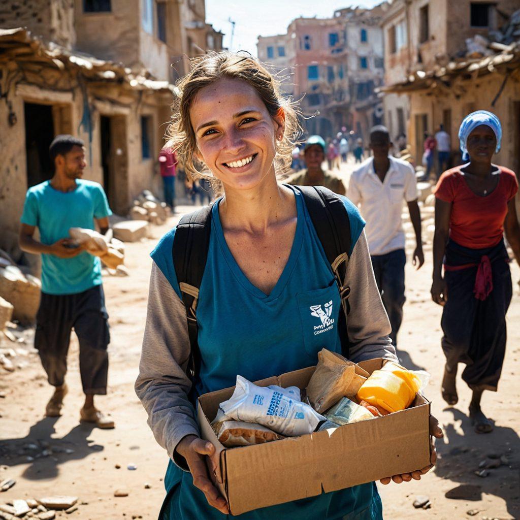 A heroic aid worker on the front lines, distributing food and medical supplies to a group of grateful families in a war-torn village. The scene is filled with hope, resilience, and human connection, showcasing diverse people, vibrant expressions, and the contrast of despair and compassion. Sunlight filters through dusty air, illuminating the worker's dedicated face. Background includes crumbling buildings and signs of recovery. super-realistic. vibrant colors. inspiring atmosphere.