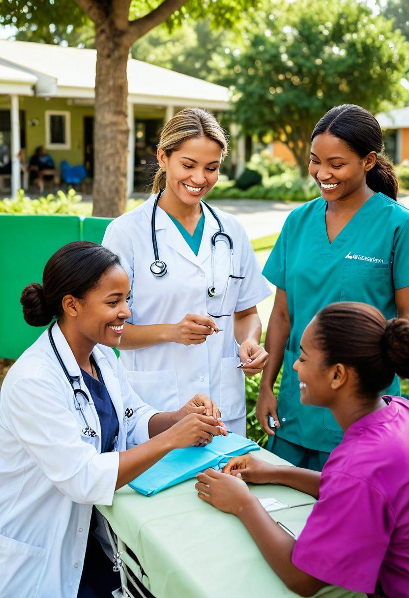 A diverse group of healthcare professionals conducting a medical mission in a vibrant community setting, interacting with local families and providing medical care. Emphasize elements of health equity, such as clinics with colorful banners showcasing community support. Include medical equipment, smiling faces of both doctors and patients, and a backdrop of lush green landscapes. Convey a sense of collaboration and positive social impact. super-realistic. vibrant colors. warm lighting.