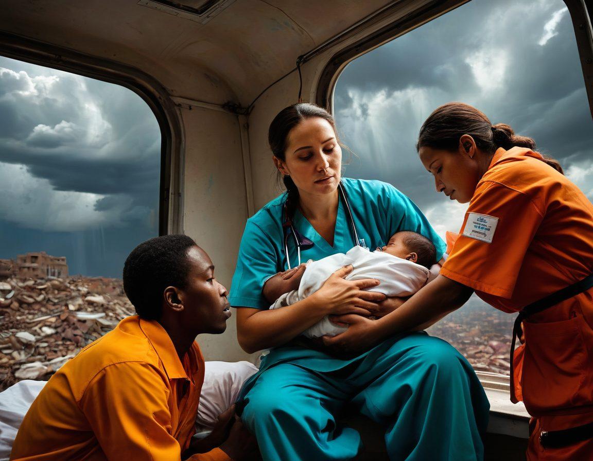 A montage of diverse healthcare workers rendering aid in remote settings, showcasing the emotional connection and relief of patients. In the background, images of challenging environments like war zones and natural disasters, juxtaposed with symbols of hope like sunlight breaking through clouds. The scene emphasizes the transformative power of humanitarian aid, with a focus on compassion, resilience, and global health. bold colors. super-realistic. high contrast.